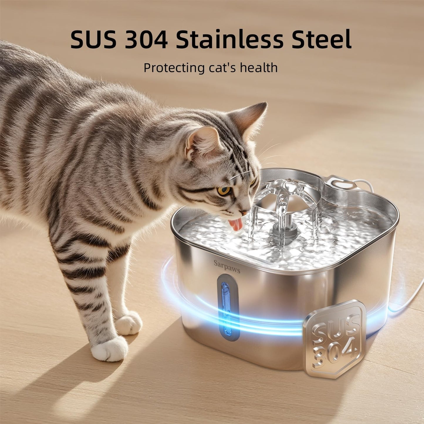 Cat drinking from stainless steel fountain – arcing stream encourages daily hydration