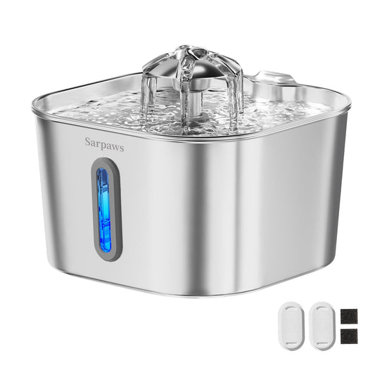 Stainless Steel Cat Water Fountain 2.2L – quiet pump with faucet-style flow and 3-stage filter