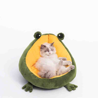 Frog Nest Cat Bed – Semi-Enclosed Winter Warming Plush Pet Bed for Cats, Medium and Large