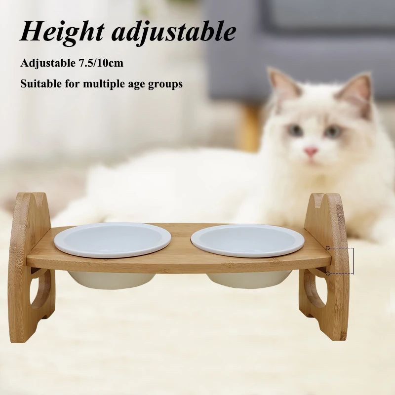 Wooden pet bowl stand with two ceramic bowls – small and large size options