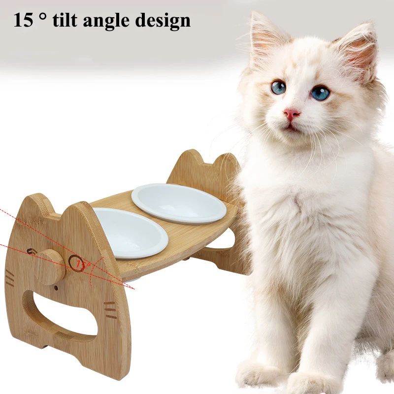 Elevated Ceramic Pet Bowl Set – Dual-Bowl Wooden Stand, Tilt-Feed Design