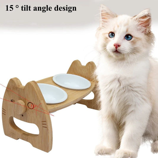 Elevated Ceramic Pet Bowl Set – Dual-Bowl Wooden Stand, Tilt-Feed Design