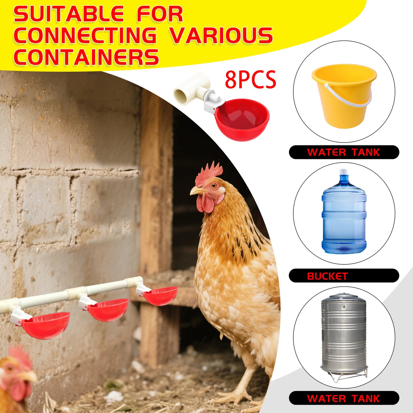 [With Cups and Pipes]Automatic Poultry Drinking Durable Water Dispenser for Backyard Farm Ducks Geese Rabbits Birds with 8-Pack Chicken Water Cups Feeder with Water Pipe Tiktokshopspringglowup