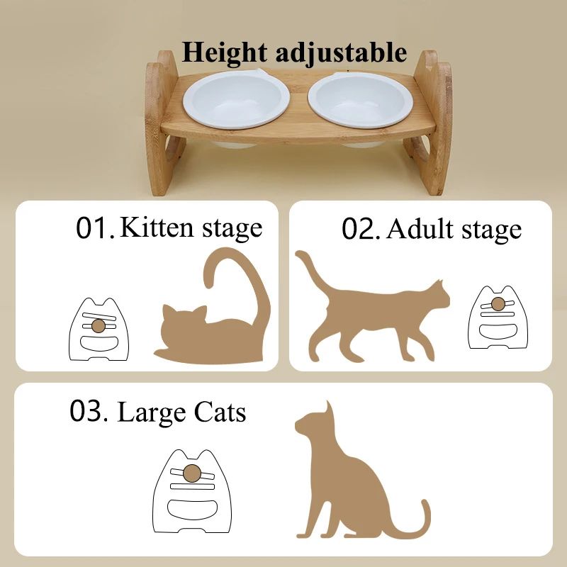 Elevated ceramic cat dog bowls on wooden stand – neck relief feeding position