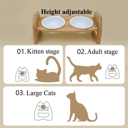 Elevated ceramic cat dog bowls on wooden stand – neck relief feeding position