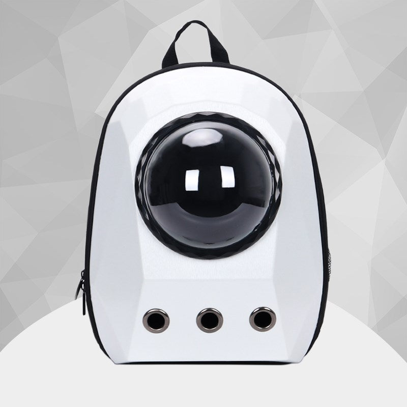 Cat carrier backpack bubble window – cat looking out dome viewport during travel