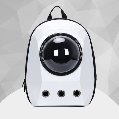 Cat carrier backpack bubble window – cat looking out dome viewport during travel
