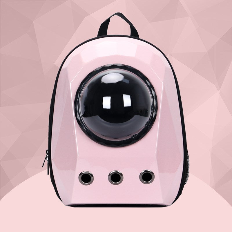 Space capsule cat carrier on person's back – padded shoulder straps for hands-free carry