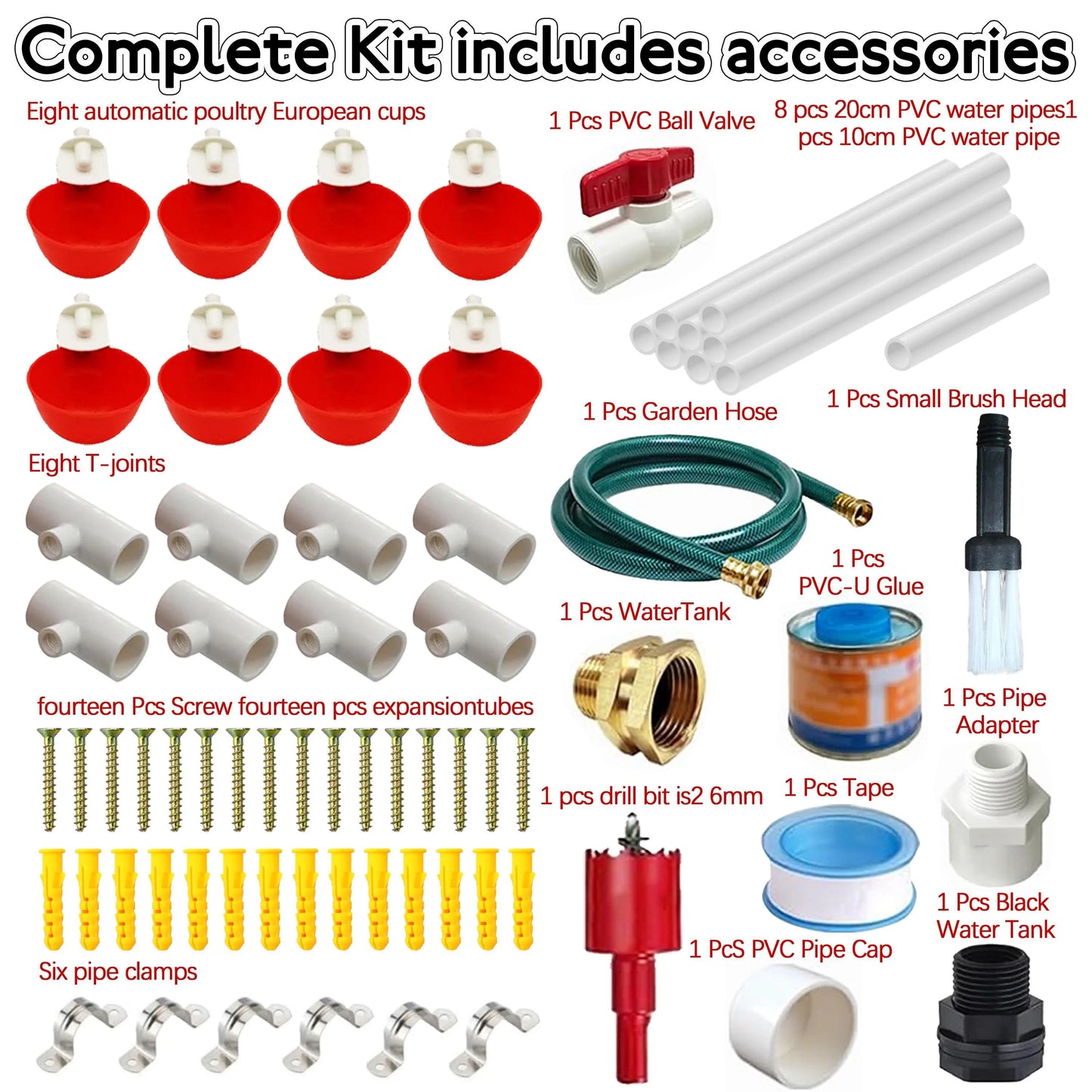 [With Cups and Pipes]Automatic Poultry Drinking Durable Water Dispenser for Backyard Farm Ducks Geese Rabbits Birds with 8-Pack Chicken Water Cups Feeder with Water Pipe Tiktokshopspringglowup