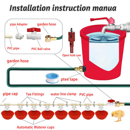 [With Cups and Pipes]Automatic Poultry Drinking Durable Water Dispenser for Backyard Farm Ducks Geese Rabbits Birds with 8-Pack Chicken Water Cups Feeder with Water Pipe Tiktokshopspringglowup