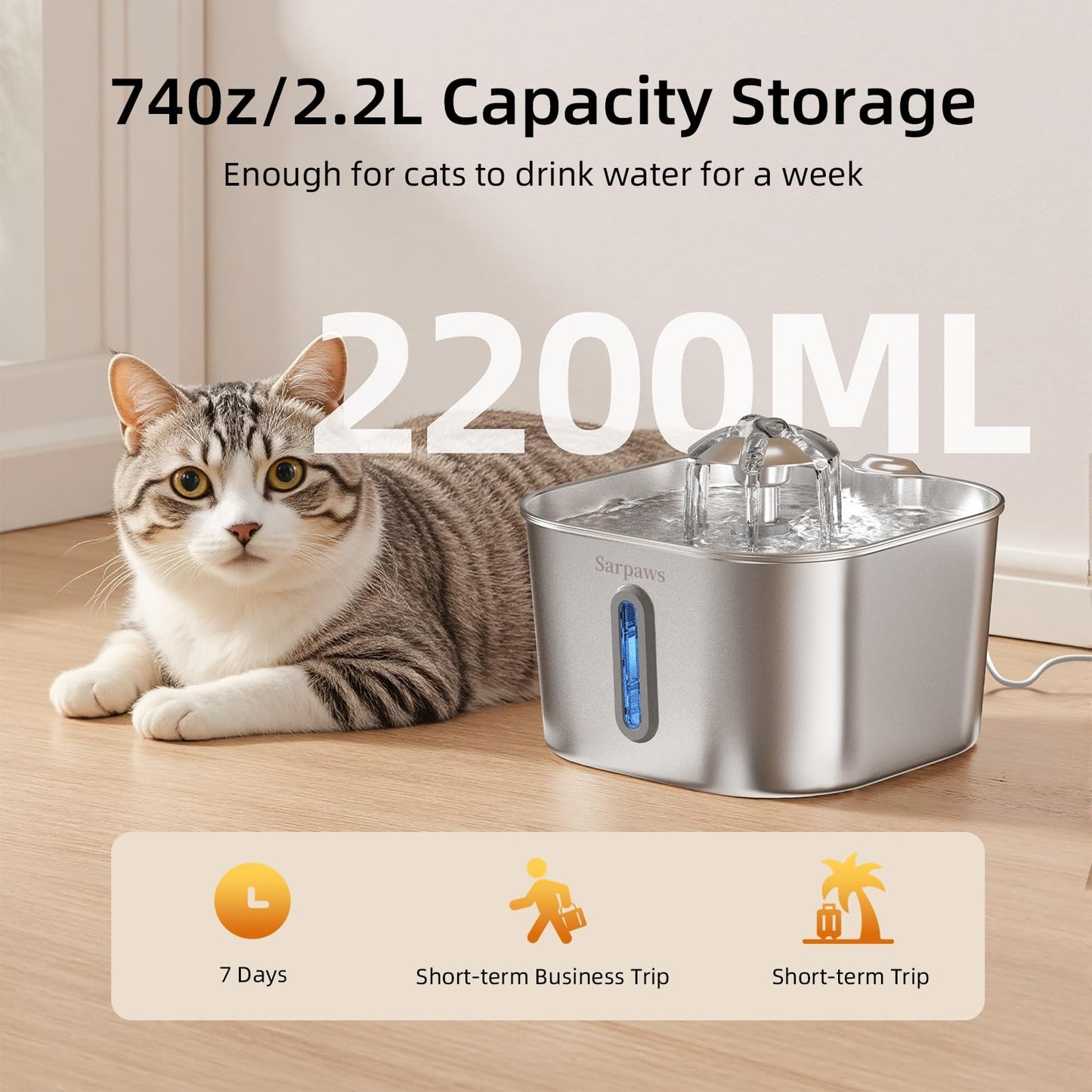 Stainless cat fountain water level window – see when to refill at a glance